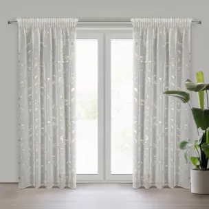 Dekoracja okienna biało, złocista z etaminy zdobiona błyszczącym marmurkowym wzorem 140x270 cm taśma ALINA Eurofirany