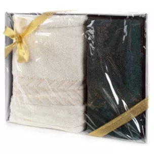 Zestaw ręczników bawełnianych 2 szt kolor kremowy, ciemnozielony 450 g/m2 GLOW Eurofirany