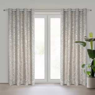 Zasłona srebrno szampańska zdobiona nadrukiem liści 140x250 cm złota przelotka - MILENA Eurofirany