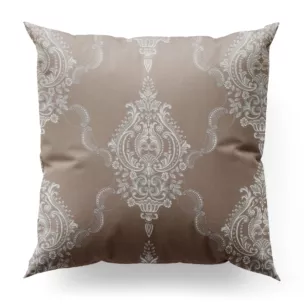 Poszewka szyta ciemnobeżowo srebrna z eleganckiej tkaniny w duży ornamentowy wzór