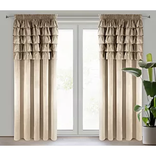 Zasłona ciemnobeżowa zdobiona falbanami z welwetu 140x270 cm taśma AURA Eurofirany