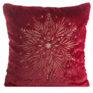 Poszewka na poduszkę świąteczna 45x45 cm bordowo, szampańska z przyjemnego futerka zdobiona haftem śnieżynki Eurofirany