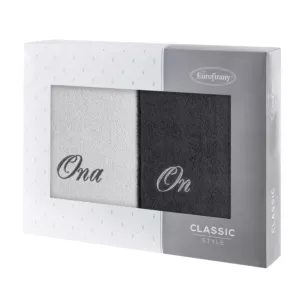 Zestaw ręczników bawełnianych 2 szt 70x140 cm z haftem ONA I ON kolor srebrny,stalowy 400 g/m2 Eurofirany