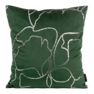 Poszewka na poduszkę 45x45 cm welwetowa ze złocistym nadrukiem z motywem liści miłorzębu ciemnozielona BLINK 35 Eurofirany
