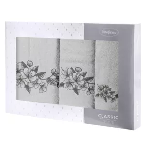 Zestaw ręczników bawełnianych 3 szt kolor srebrny,stalowy z haftowanym motywem kwiatu wiśni 400 g/m2 SOFIA Eurofirany