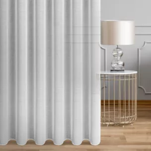 Firana szyta na taśmie fala biała z tkaniny o naturalnym splocie, typu ETAMINA, wykończonej obciążnikiem