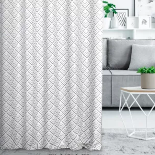 Zasłona szyta na taśmie fala kremowo grafitowa z tkaniny o naturalnym splocie z nadrukowanym geometrycznym wzorem