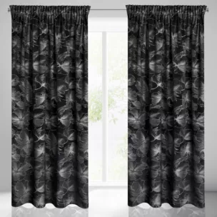 Zasłona czarna w srebrne kwiaty z błyszczącego welwetu 140x300 cm taśma STELLA Eurofirany