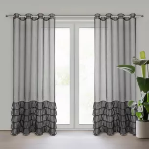 Firana czarna z etaminy zdobiona falbanami i lśniącym pasem kryształków 140x250 cm przelotka CARLI Eurofirany