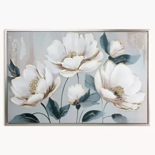 Obraz z kwiatami biało, niebieski ręcznie malowany na płótnie 60x90 cm  Eurofirany
