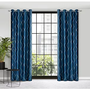 Zasłona granatowo, złota haftowana w duże karo z tkaniny welwetowej 140x250 przelotka MARGO Pierre Cardin Eurofirany