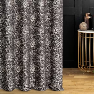 Zasłona szyta na taśmie fala czarno popielata z miękkiej tkaniny szenilowej z ornamentowym wzorem