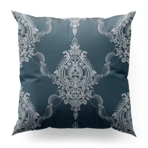 Poszewka szyta granatowo srebrna z eleganckiej tkaniny w duży ornamentowy wzór