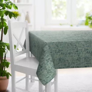 Obrus szyty turkusowo szampański z tkaniny welwetowej z nadrukiem