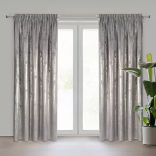 Zasłona biało, srebrzysta zdobiona błyszczącym przecieranym wzorem z welwetu 140x270 cm taśma RENIA  Eurofirany
