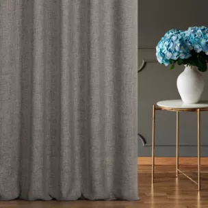 Zasłona szyta na taśmie 8 cm szarobeżowa z tkaniny w stylu ekologicznym z efektem melanżu