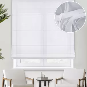 Roleta rzymska biała z matowej tkaniny w stylu eko, wykończona obciążnikiem