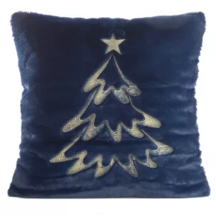Poszewka na poduszkę świąteczna 45x45 cm granatowo, szampańska z przyjemnego futerka zdobiona haftem choinki Eurofirany