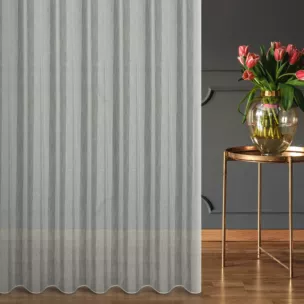 Firana szyta na flexach naturalna z matowej tkaniny w pasy z efektem bukli, wykończona obciążnikiem