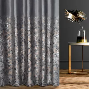 Zasłona szyta na flexach grafitowo szampańska z welwetowej tkaniny z błyszczącym nadrukiem od dołu