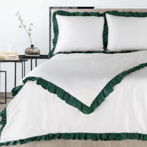 Pościel 220x200 cm z mieszanki włókien kolor biały, ciemnozielony z falbanką na brzegach ELIZA Eurofirany
