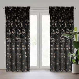 Zasłona czarno, szampańska z błyszczącym nadrukiem kwiatu jabłoni, welwetowa 140x270 cm taśma SELENA Eurofirany