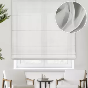 Roleta rzymska naturalna półprzezroczysta, z matowego woalu, o niestandardowej wysokości 360cm, wykończona obciążnikiem