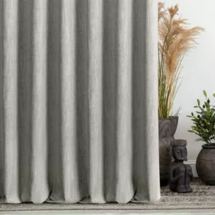 Zasłona szyta na taśmie 5 cm ciemnobeżowa z tkaniny o naturalnym splocie z efektem melanżu