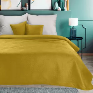 Narzuta welwetowa musztardowa 200x220 cm pikowana metodą hot press wzór geometryczny LUIZ Eurofirany