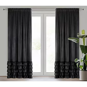 Zasłona czarna zdobiona falbanami z welwetu 140x250 cm taśma DANI Eurofirany