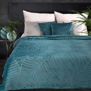 Koc  150x200 cm turkusowy ze złotym nadrukiem z motywem liści bananowca LUNA Eurofirany