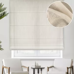 Roleta rzymska kremowa z delikatnej w dotyku etaminy w stylu eko z efektem kreszowania, wykończona obciążnikiem