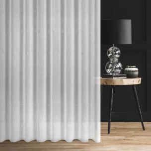 Firana szyta na flexach biało srebrzysta z matowej szyfonowej tkaniny z błyszczącym nadrukiem