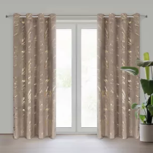 Zasłona brązowo, złota z błyszczącym nadrukiem z welwetu, złote przelotki 140x250 cm MOLLY Eurofirany