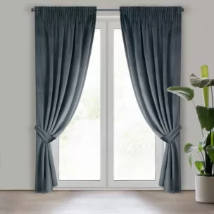 Zasłona grafitowa z tkaniny welwetowej, troczek w zestwie 140x300 cm taśma ANTARA Eurofirany