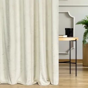 Zasłona szyta na taśmie 5 cm kremowa miękka tkanina welwetowa, ze złotym marmurowym nadrukiem