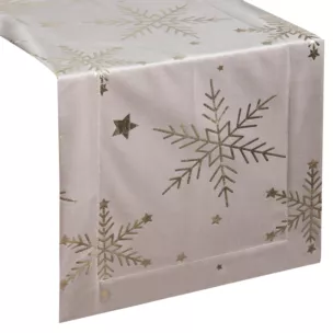 Bieżnik świąteczny 40x140 cm beżowo, szampański welwetowy zdobiony błyszczącym nadrukiem Eurofirany