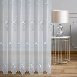 Firana szyta na flexach biało turkusowa z matowej tkaniny ADEN haftowanej w dziecięcy wzór