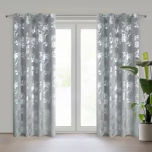 Zasłona stalowo, srebrna zdobiona nadrukiem połyskijących kwiatów 140x250 cm przelotka - CELIA Eurofirany