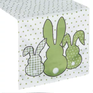 Bieżnik na stół biało, zielony 35x140 cm welwetowy WIOSNA 1 zdobiony nadrukiem siedzących zajączków