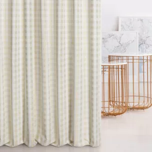 Zasłona szyta na taśmie fala kremowo złocista z dwustronnej tkaniny, deseń w kratę z dodatkiem złotej nici