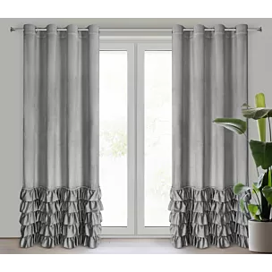 Zasłona srebrna zdobiona falbanami i lśniącymi akcentami z welwetu 140x250 cm przelotka CARLI Eurofirany