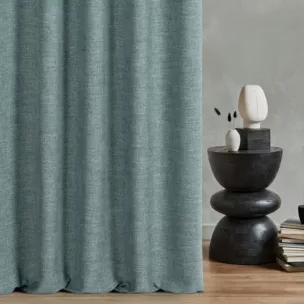 Zasłona szyta na taśmie fala ciemnomiętowa tkanina o naturalnym charakterze z efektem melanżu
