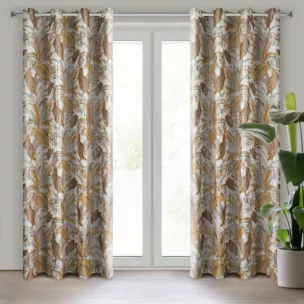 Zasłona biało, musztardowa z błyszczącym wzorem egzotycznych liści z welwetu 140x250 cm przelotka ADEL Eurofirany