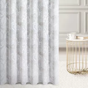 Firana szyta na taśmie 8 cm naturalno beżowa z ekskluzywnej tkaniny z dodatkiem wiskozy w ornamentowy wzór, wykończona obciążnikiem Italissima Eva Minge