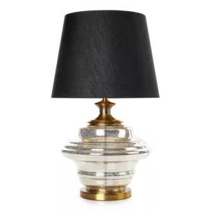 Lampa stołowa do salonu czarno, złota AMARI zdobiona szklaną podstawą i lekko szenilowym abażurem Eurofirany