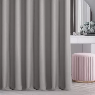 Zasłona szyta na przelotkach szara o naturalnym charakterze, z widocznym, ozdobnym splotem