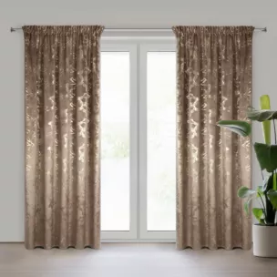 Zasłona brązowo, szampańska welwetowa zdobiona błyszczącym nadrukiem 140x270 cm taśma - RAJA Eurofirany