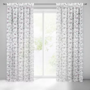 Dekoracja okienna biało, fioletowa z lekkiej półtransparentnej etaminy z nadrukiem kwiatowym 140x270 cm taśma DINA Eurofirany