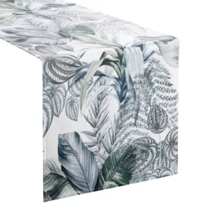 Bieżnik na stół 40x140 cm biało, fioletowy welwetowy DAVOS zdobiony nadrukiem egzotycznych liści DESIGN 92